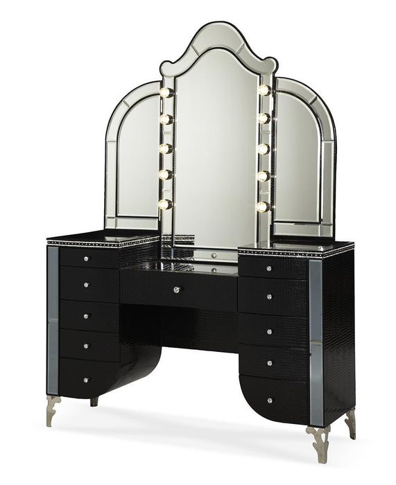 Hollywood Swank Upholstered Vanity in Black Iguana